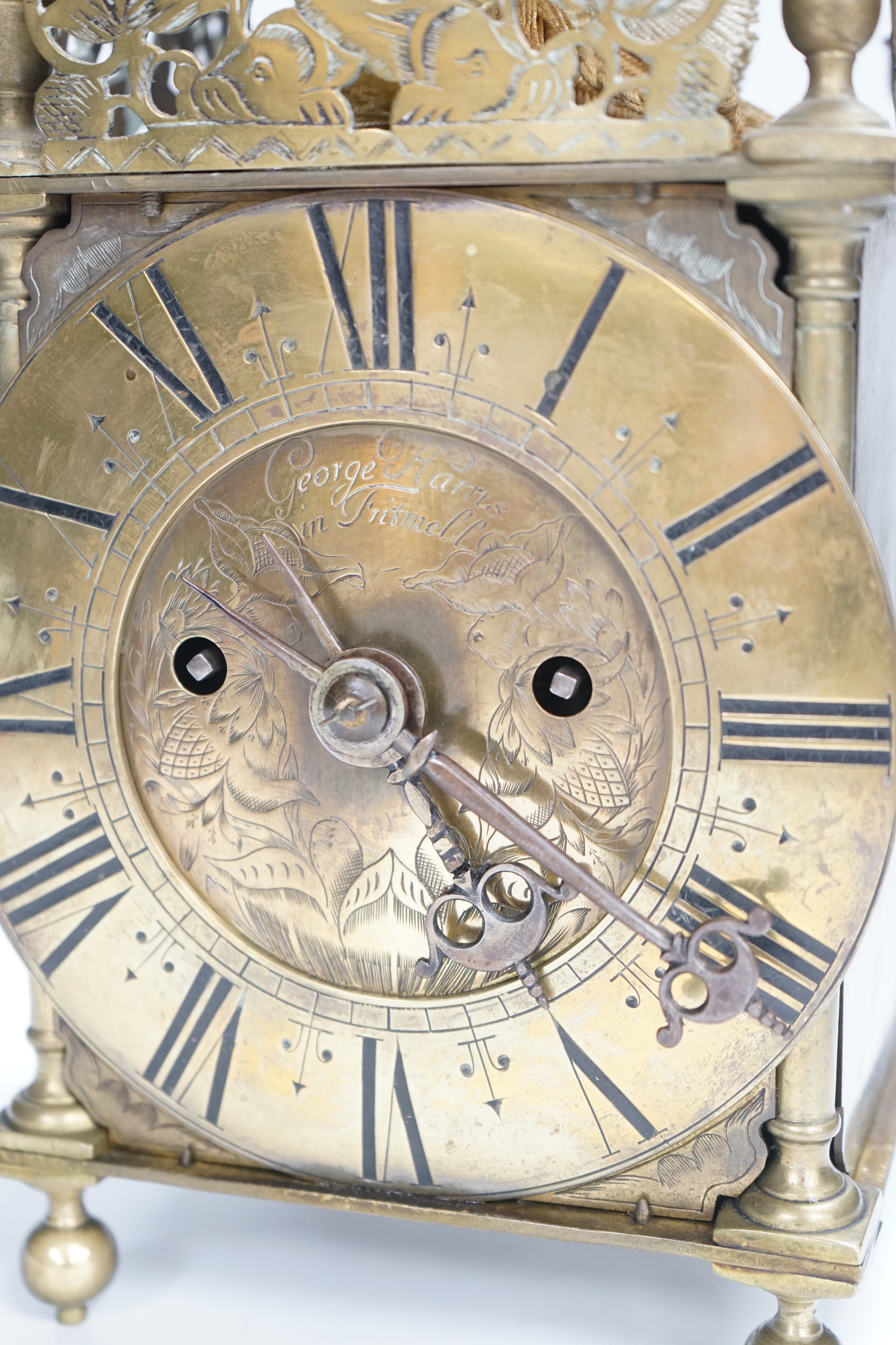 19th century brass lantern clock, dial signed George Harris in Fritwell, with two train fusee movement, 38cm high